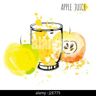 Apple juice splash vector watercolor illustration. Apple with splash and glass isolated on white background. Apple drink flow with fruits and fresh splashes. Stock Vector