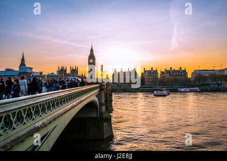 Big Ben, dusk, evening light, sunset, Houses of Parliament, Westminster Bridge, Thames, City of Westminster, London Stock Photo