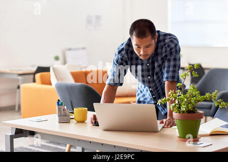 Focused Asian designer leaning over a laptop at his desk Stock Photo