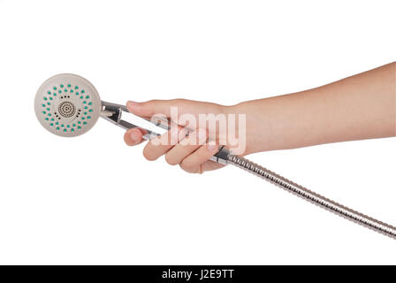 New chrome metallic shower head with water spray adjustable which keeps the arm isolated on white background Stock Photo