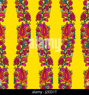 Seamless geometric vector paisley pattern. Ethnic floral motif, primitive oriental elements, vertical waves layout on yellow background. Stock Vector