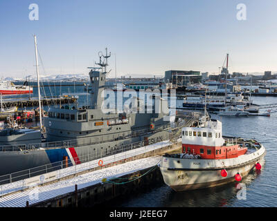 Viking Maritime Museum with its open air collection of Museum Ship in the harbor of Reykjavik. Iceland Stock Photo