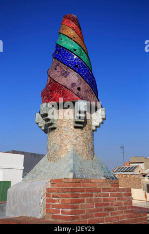 A precursor to Casa Mila, Palau Guell is also famous for its unusually shaped chimneys, designed by Antoni Gaudi in Barcelona, Spain. Stock Photo