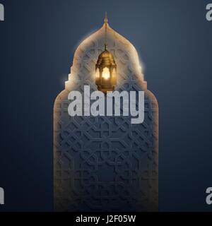 Islamic vector design glow mosque dome with arabic lantern and geometric pattern for greeting background Stock Vector