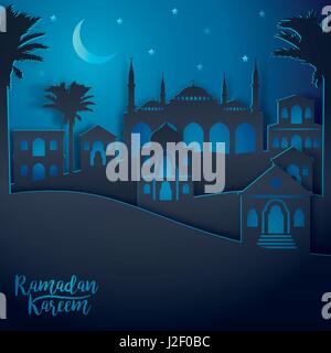 Arabic landscape city view for Ramadan Kareem islamic greeting background Stock Vector