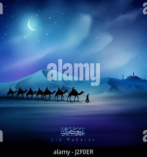 Eid Mubarak greeting card template night illustration arabian and camel on desert islamic background Stock Vector