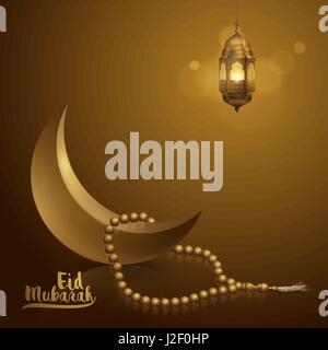 Eid Mubarak greeting card template islamic vector illustration arabic lantern crescent icon and prayed bead Stock Vector