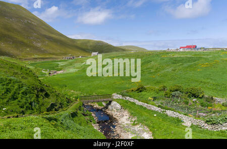 Foula part of the Shetland Islands, it is one of the most remote permanently inhabited islands in the UK. Settlement near Ham Voe. Scotland (Large format sizes available) Stock Photo