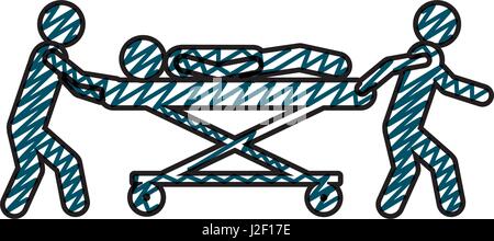 color pencil drawing of pictogram paramedics with patient in stretcher Stock Vector