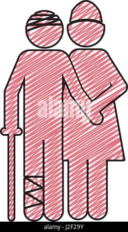 color pencil drawing of pictogram nurse with bandaged patient Stock Vector