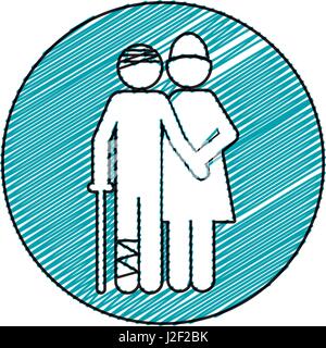 color pencil drawing circular frame of pictogram nurse with bandaged patient Stock Vector