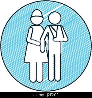 color pencil drawing circular frame of pictogram nurse with bandaged arm patient Stock Vector