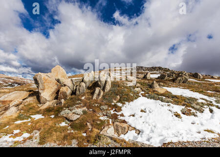 Clouds, snow, and rocks of Australian Alps Stock Photo