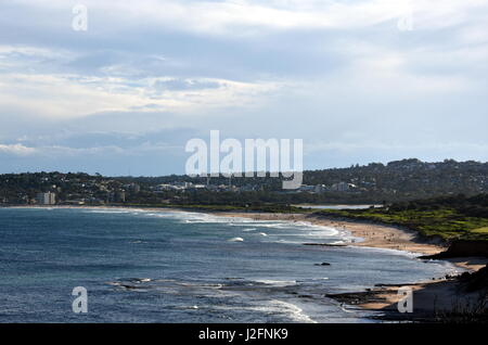 Panoramic view of Dee Why beach on a sunny day from Long Reef Headland (Sydney, NSW, Australia). A great place to relax as the beach is mainly frequen Stock Photo