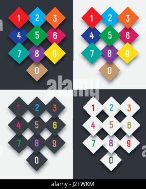 set of digits from 0 to 9 on a rhombus. Template black, white and colored buttons with shadow. Vector illustration Stock Vector