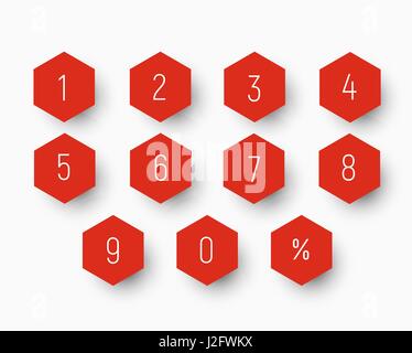 set of numbers from 0 to 9 on a red button in the shape of a hexagon with a shadow. Vector illustration Stock Vector