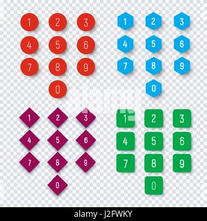 Numbers from 0 to 9 on a round, square, hexagonal and rhombic color button. Template for web design on a transparent background with a shadow from the Stock Vector