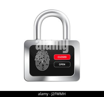 realistic padlock with a black display, fingerprint and opening and closing control buttons. Isolated on white background. Vector illustration Stock Vector