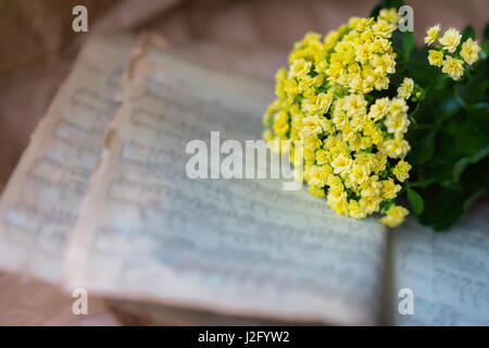Abstract vintage music background yellow flowers on yellowed old music book with worn paper, antique music sheet. Concept of romantic melody, forgotte Stock Photo