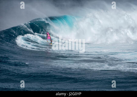 USA, Hawaii, Maui. World champion Robby Naish windsurfing monster waves at Pe'ahi Jaws, North Shore Maui. Stock Photo