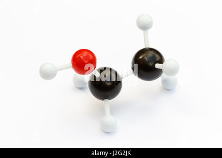 Plastic ball and stick model of an alcohol (ethanol, C2H5OH) molecule on a white background.