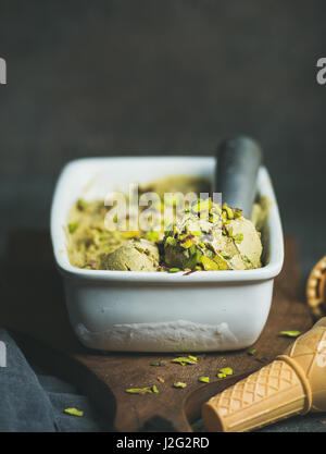 Homemade pistachio ice cream in ceramic mold Stock Photo
