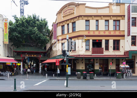 The Covent Garden hotel and China Gate, Hay street,  Chinatown, Sydney, Australia Stock Photo