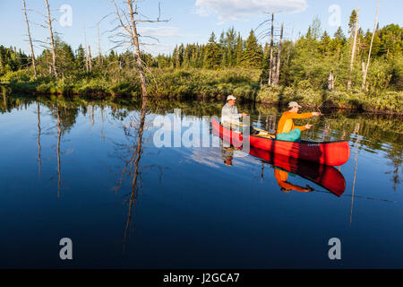 Two men fly-fishing for brook trout from a canoe on the Cold Stream 'deadwater' above Upper Cold Stream Falls in Maine's Northern Forest. Johnson Mountain Township. (MR) Stock Photo