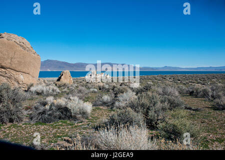 USA, Nevada, Nixon, Pyramid Lake Paiute Tribe Reservation, showing Lake's namesake Pyramid Island, Tufa Towers, and Lake Range Mountains in Background (Large format sizes available) Stock Photo