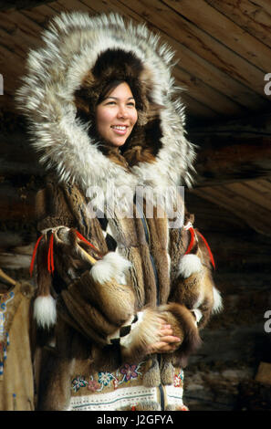 Athapascan Indian woman in traditional clothing Yukon River Alaska ...