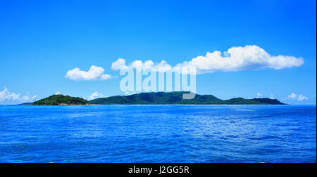 Island La Digue seen from sea, Island Ile Ronde in the foreground, Republic of Seychelles. Stock Photo