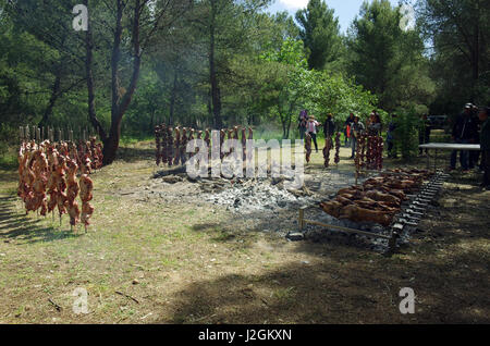 Bidonì, Sardinia. Easter Monday village festival: lamb roasted Stock Photo