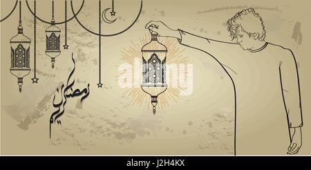 Man holding islamic lantern in his hand. Ramadan kareem greeting card with trendy line art style. Stock Vector