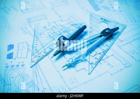 Construction planning and drawing tools background (blueprint) Stock Photo