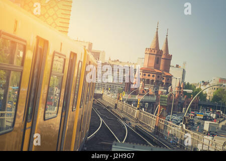 U-Bahn train on Oberbaum Bridge in Berlin Stock Photo