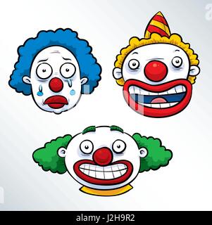 Set of three cartoon clown faces with happy smiles and some tears. Stock Vector