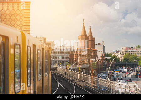 U-Bahn train on Oberbaum Bridge in Berlin Stock Photo