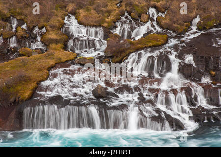 Hraunfossar, series of waterfalls pouring into the Hvítá river in winter, Vesturland, Borgarfjörður, western Iceland Stock Photo