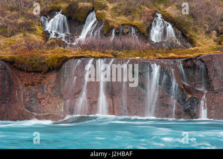 Hraunfossar, series of waterfalls pouring into the Hvítá river in winter, Vesturland, Borgarfjörður, western Iceland Stock Photo