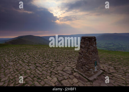 Ordinance Survey Trig Point on Mam Tor, Hope Valley, Derbyshire, Peak District National Park, England, UK Stock Photo