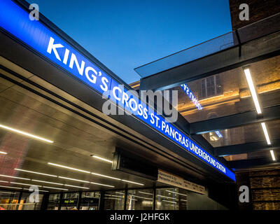 Kings Cross and St Pancras underground station entrance at dusk, London, UK. Stock Photo
