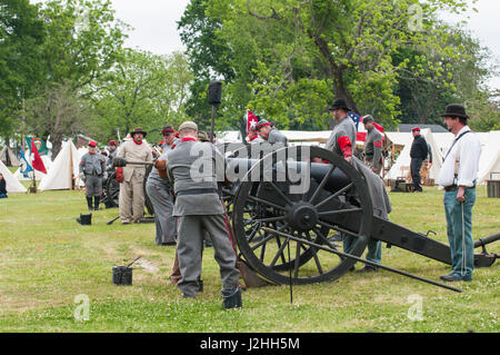 Confederate artillery unit cannon action during Thunder on the Roanoke Civil War reenactment in Plymouth, North Carolina, USA. Stock Photo