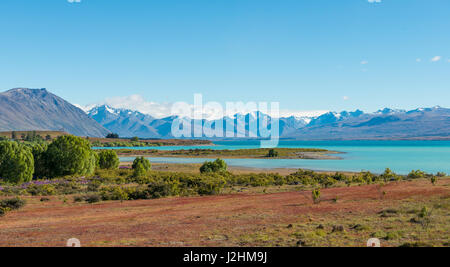 View of Lake Tekapo and Southern Alps, Canterbury Region, Southland, New Zealand Stock Photo