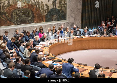 New York, USA. 28th Apr, 2017. The United Nations Security Council convened a ministerial-level meeting regarding the ongoing nuclear threat posed by the Democratic People's Republic of Korea. The meeting, presided over by U.S. Secretary of State Rex Tillerson, comes at the conclusion of the USA' month-long tenure as President of the Security Council. Credit: Albin Lohr-Jones/Pacific Press/Alamy Live News Stock Photo