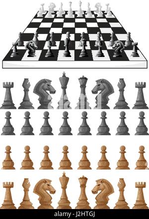 Chessboard and different chess pieces illustration Stock Vector