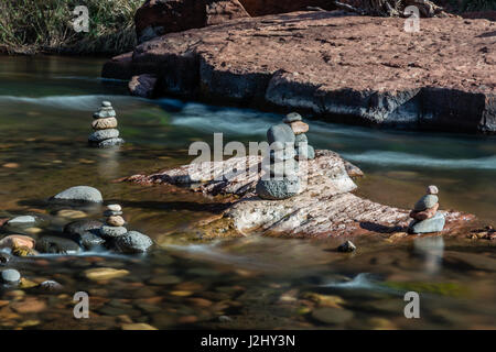 Rock Carins along Oak Creek near Sedona, Arizona. Stock Photo