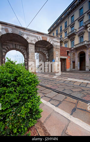 Italy, Lombardy, Milan, Via Alessandro Manzoni Street, Archi di Porta Nuova, Gates of the Medieval Walls Around Milan Stock Photo