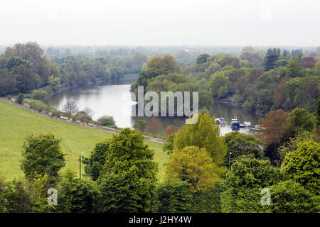 The view of the river Thames from Richmond Hill, Surrey, on a cloudy morning in April. Since getting into Spring  this area becoming green. Stock Photo