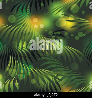 Seamless pattern with tropiocal palm leaves in dark. Vector illustration. Stock Vector