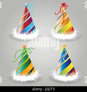 Set of Party hat. Birthday hat with color ribbon and fur. Vector decoration element for surprise costume. Stock Vector